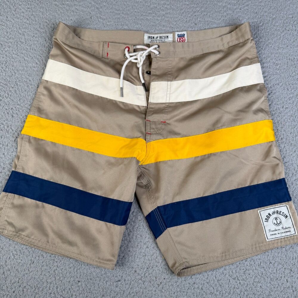 IRON & RESIN Swim Trunks Men 30 Khaki Blue Striped Board Shorts Surf 8" Inseam